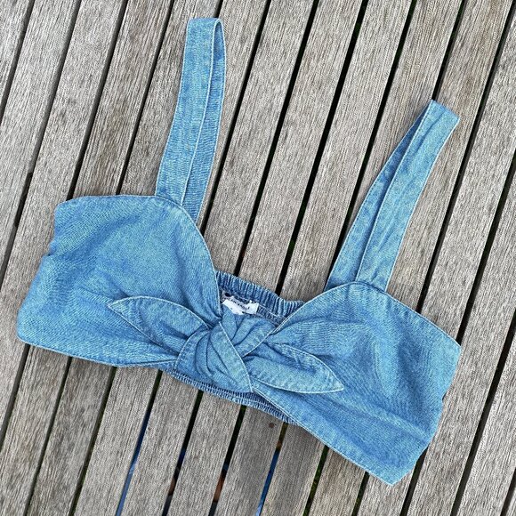 American Eagle Outfitters Denim Crop Top with Front Tie – Size S - Picture 3 of 7